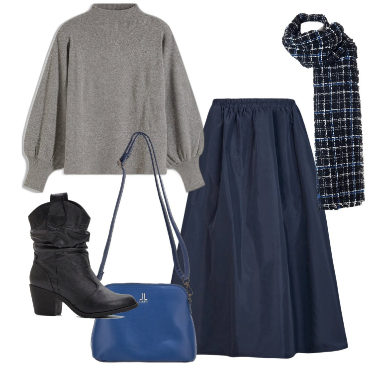 Outfit donna - Raso blu. Stile Bon Ton per Serata fuori. Abbinamento con stivaletti texani, maglieria, sciarpe, gonne lunghe, borse a tracolla.