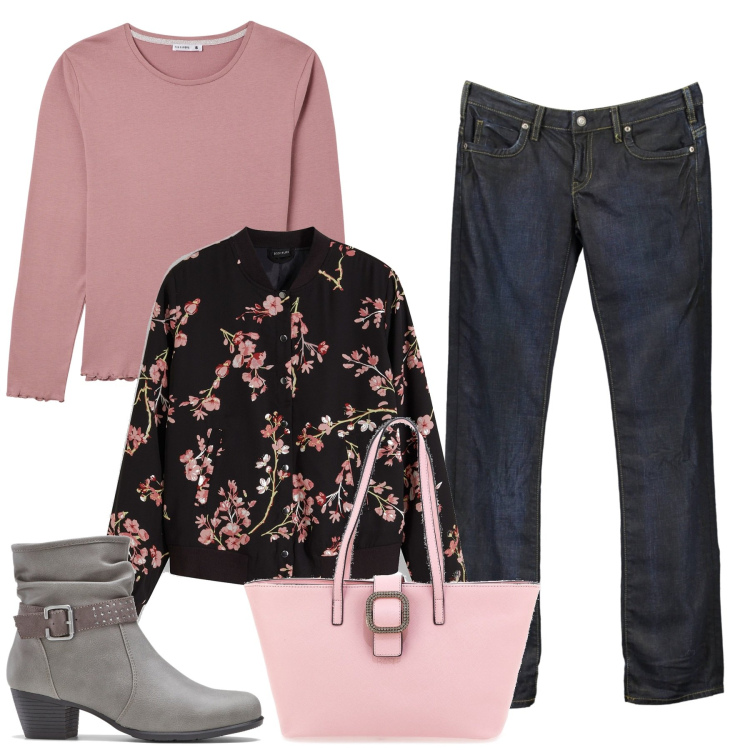 Outfit donna - Romantica. Stile Romantica per Tutti i giorni. Abbinamento con bomber, stivaletti, t-shirt, jeans, borse a spalla.