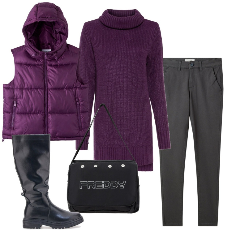Outfit donna - Collo ad anello. Stile Bon Ton per Ufficio. Abbinamento con maglieria, pantaloni chino, piumini, borse messenger, stivali.
