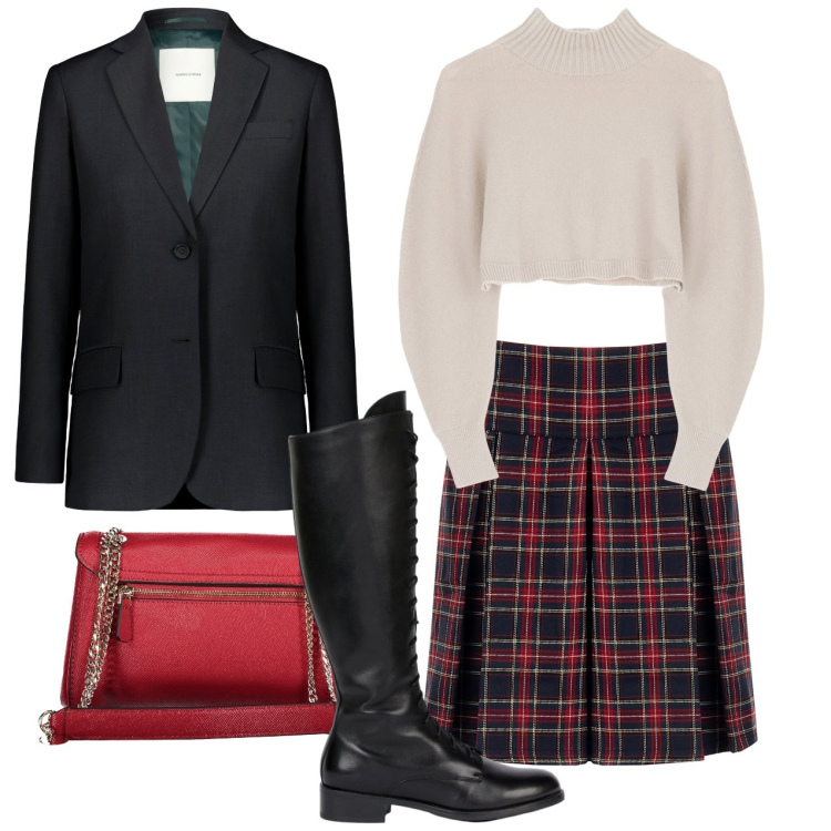 Outfit donna - La gonna tartan. Stile Bon Ton per Ufficio. Abbinamento con minigonne, maglieria, blazer, stivali, borse a spalla.