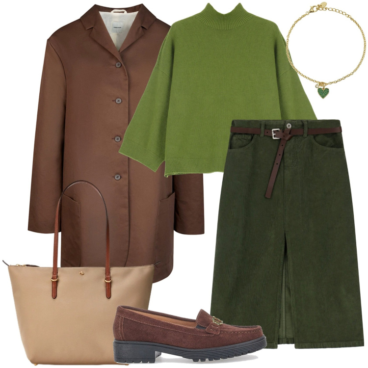 Outfit donna - Mocassini marroni. Stile Casual per Tutti i giorni. Abbinamento con braccialetti con ciondoli, pullovers, gonne, borse tote, trench, mocassini.