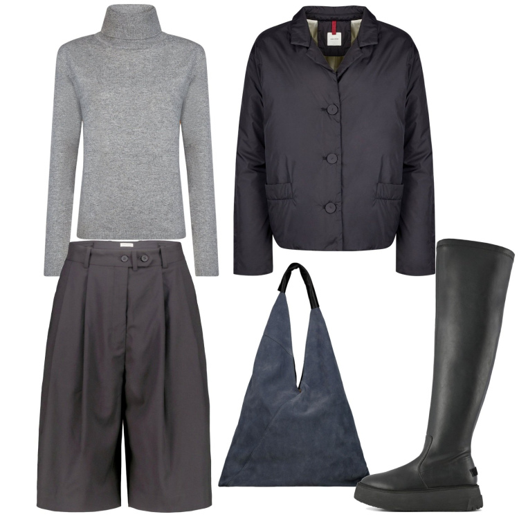 Outfit donna - Grigio a novembre. Stile Trendy per Tutti i giorni. Abbinamento con bermuda, stivali sopra il ginocchio, blazer, maglieria, borse a spalla.