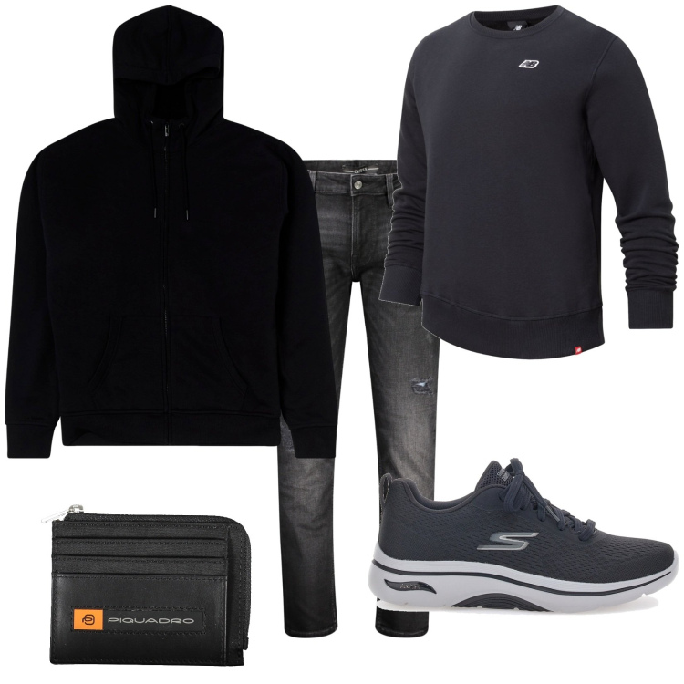 Outfit uomo - Io sono in piena forma. Stile Casual per Tutti i giorni. Abbinamento con felpe con cappuccio, felpe, sneakers, portafogli, jeans strappati.