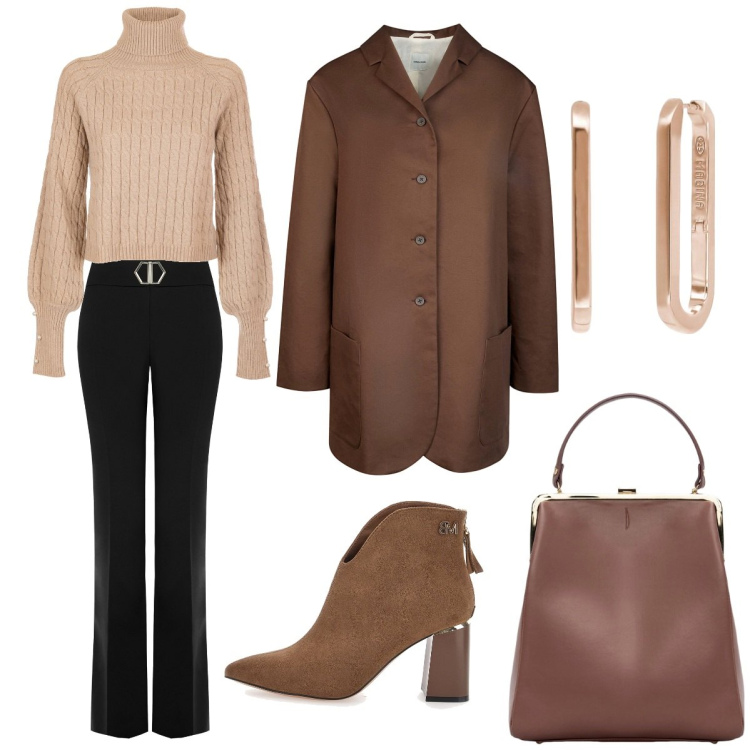 Outfit donna - Tempo Libero e Lavoro. Stile Bon Ton per Tutti i giorni. Abbinamento con pantaloni, orecchini, maglieria, borse a spalla, stivaletti, trench.