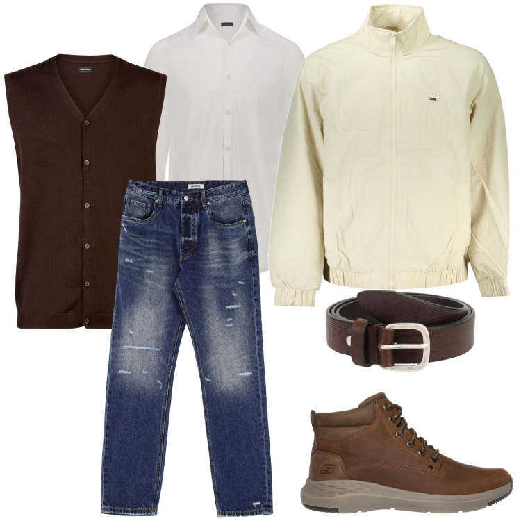 Outfit uomo - Il gilet perfetto su camicia. Stile Urban per Tutti i giorni. Abbinamento con cinture, jeans dritti, stivali e stivaletti, gilet, camicie, giacche.