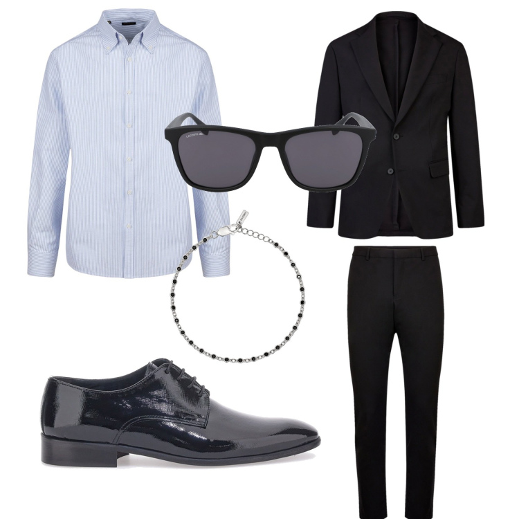 Outfit uomo - Come va la tua giornata?. Stile Business/Elegante per Ufficio. Abbinamento con braccialetti, abiti, scarpe stringate, camicie, occhiali da sole.