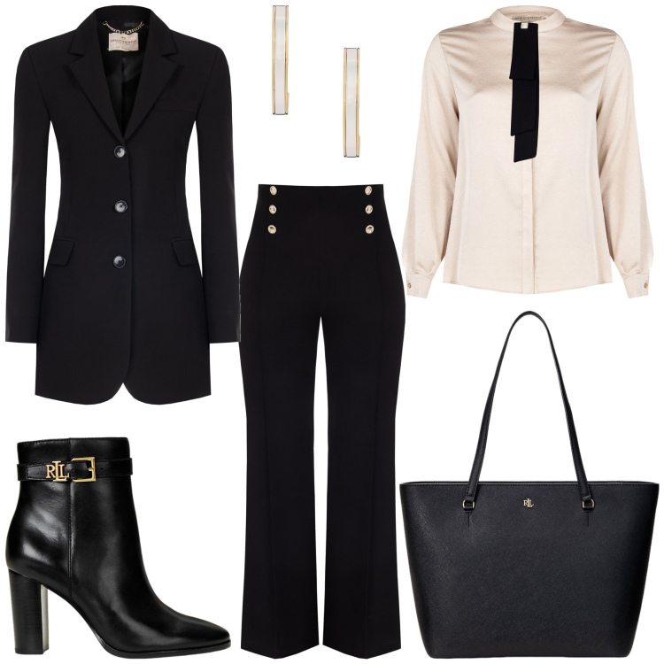 Outfit donna - In ufficio con Rinascimento. Stile Chic per Ufficio. Abbinamento con blazer, pantaloni, camicie, borse tote, stivaletti, orecchini.