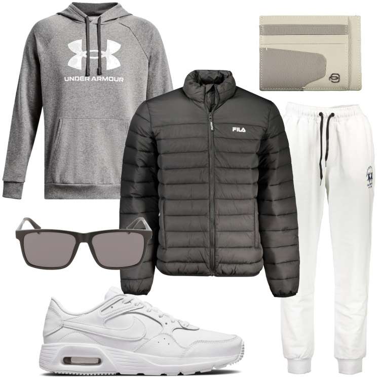 Outfit uomo - Jogger in bianco neve. Stile Urban per Sport. Abbinamento con felpe con cappuccio, sneakers, pantaloni, portafogli, occhiali da sole, giacche.