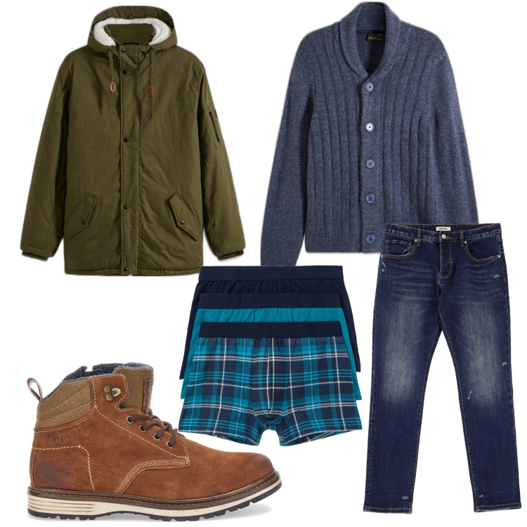Outfit uomo - Il cardigan indaco. Stile Trendy per Ufficio. Abbinamento con boxer, parka, cardigans, jeans slim fit, stivali e stivaletti.