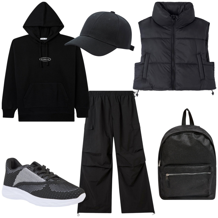 Outfit donna - Terranova Urban style. Stile Urban per Tutti i giorni. Abbinamento con piumini, cappelli, felpe con cappuccio, pantaloni cargo, zaini, sneakers.