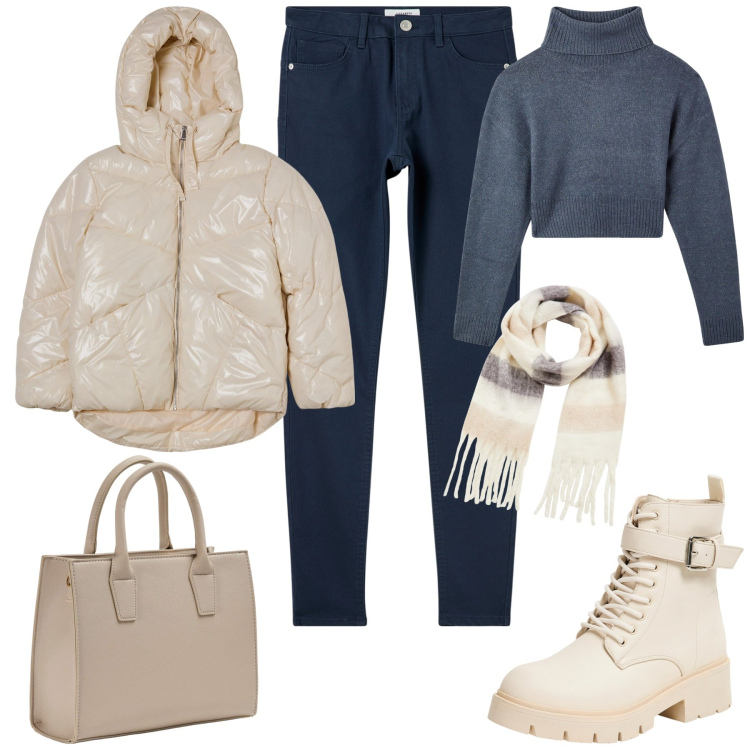 Outfit donna - Terranova Black Friday. Stile Casual chic per Tutti i giorni. Abbinamento con sciarpe, blazer, anfibi, shopping bag, maglieria, pantaloni skinny.