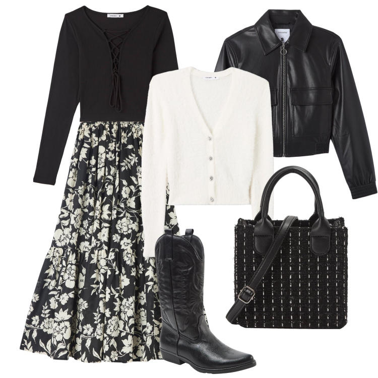 Outfit donna - Gonna lunga e texani. Stile Trendy per Tutti i giorni. Abbinamento con gonne lunghe, t-shirt, shopping bag, stivali, bomber, cardigans.