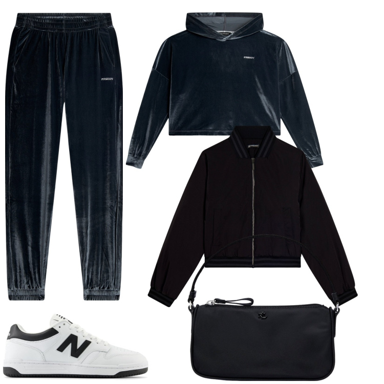 Outfit donna - Velluto a coste. Stile Sporty chic per Tutti i giorni. Abbinamento con sneakers, bomber, pantaloni, felpe con cappuccio, pochette.