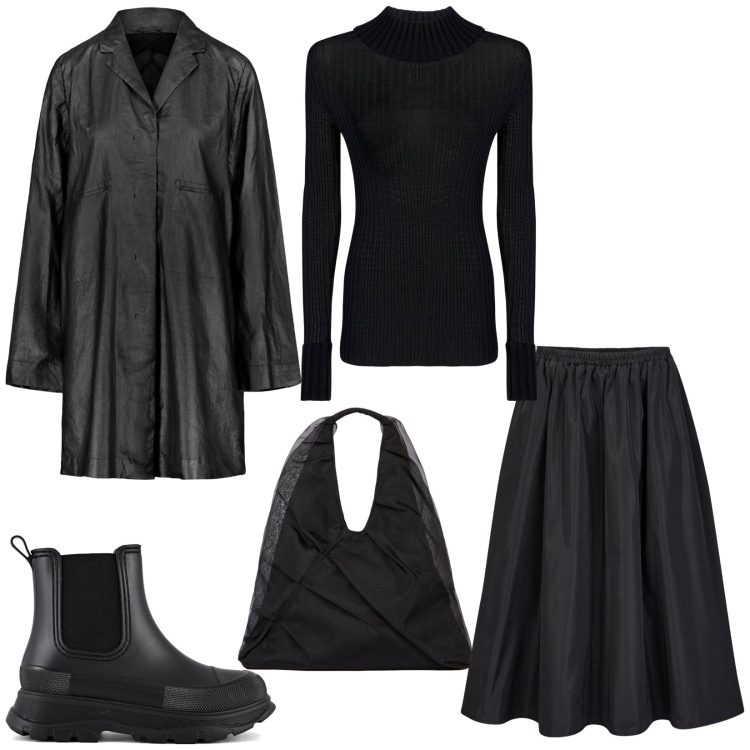 Outfit donna - Soprabito in autunno. Stile Trendy per Tutti i giorni. Abbinamento con stivali, maglieria, gonne lunghe, trench, shopping bag.