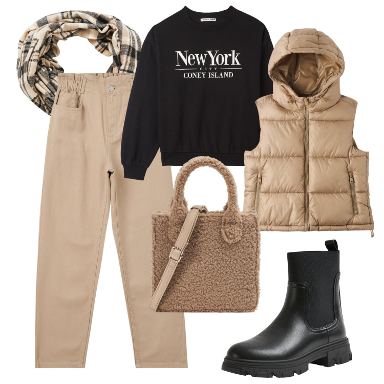 Outfit donna - Terranova city. Stile Urban per Tutti i giorni. Abbinamento con pantaloni, piumini, felpe, shopping bag, stivaletti chelsea, sciarpe.