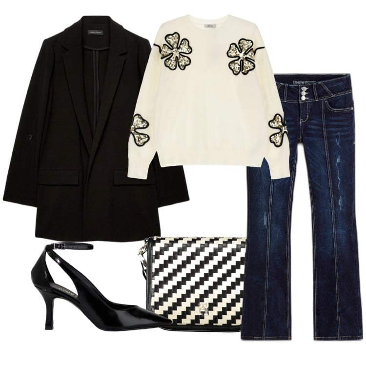 Outfit donna - Bianco e nero. Stile Trendy per Tutti i giorni. Abbinamento con jeans bootcut, pullovers, décolleté, blazer, borse a tracolla.