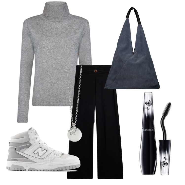 Outfit donna - stampa in scala di grigi. Abbinamento con mascara, ciondoli, sneakers, pantaloni, maglieria, borse a spalla.