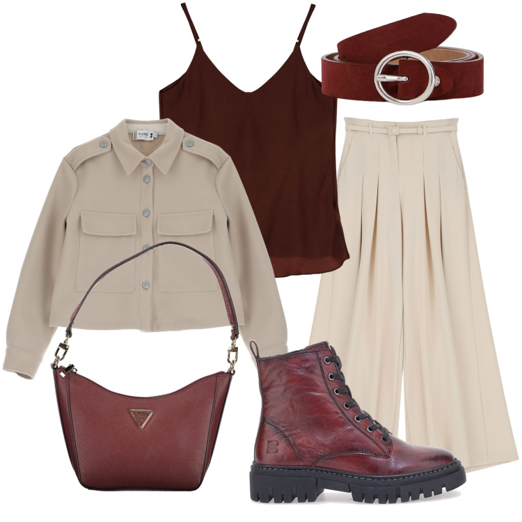 Outfit donna - Bordeaux e beige. Stile Casual chic per Ufficio. Abbinamento con blazer, pantaloni, canottiere, cinture, anfibi, borse a spalla.