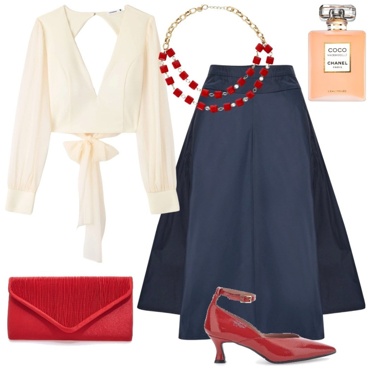 Outfit donna - occasioni speciali. Stile Chic per Serata fuori. Abbinamento con profumi, bluse, collane, gonne, décolleté, pochette.