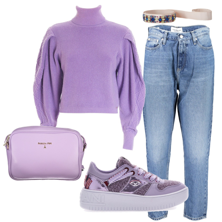 Outfit donna - Total lilla. Stile Casual chic per Scuola/Università. Abbinamento con maglieria, sneakers, jeans mom, borse a tracolla, cinture.