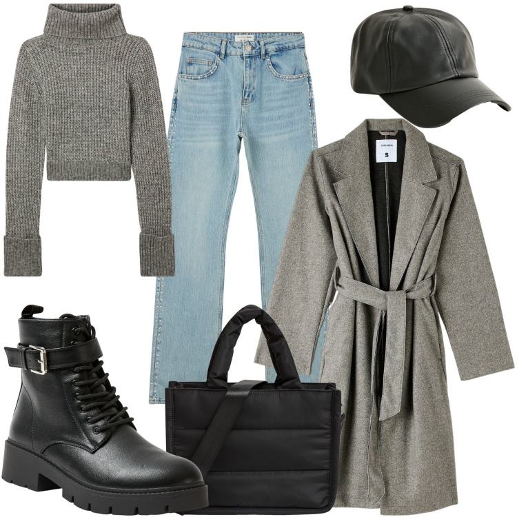 Outfit donna - Giornata Basic. Stile Basic per Tutti i giorni. Abbinamento con shopping bag, jeans slim fit, cappotti, anfibi, maglieria, cappelli.