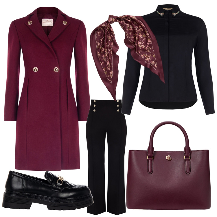 Outfit donna - Madame. Stile Casual chic per Ufficio. Abbinamento con camicie, pantaloni, mocassini, cappotti, foulard, borse a mano.
