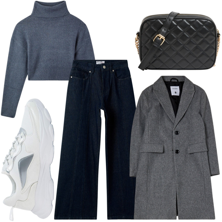 Outfit donna - Casual. Stile Casual chic per Tutti i giorni. Abbinamento con jeans, borse a tracolla, cappotti, maglieria, sneakers.