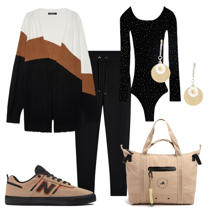 Outfit donna - Comoda. Stile Casual per Tutti i giorni. Abbinamento con body, sneakers, pantaloni, orecchini, cardigans, shopping bag.