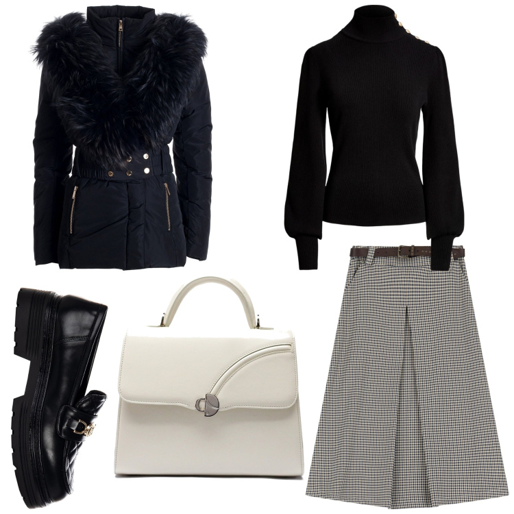 Outfit donna - Mocassini e gonna a quadretti. Stile Casual chic per Ufficio. Abbinamento con mocassini, piumini, gonne, maglieria, borse a mano.