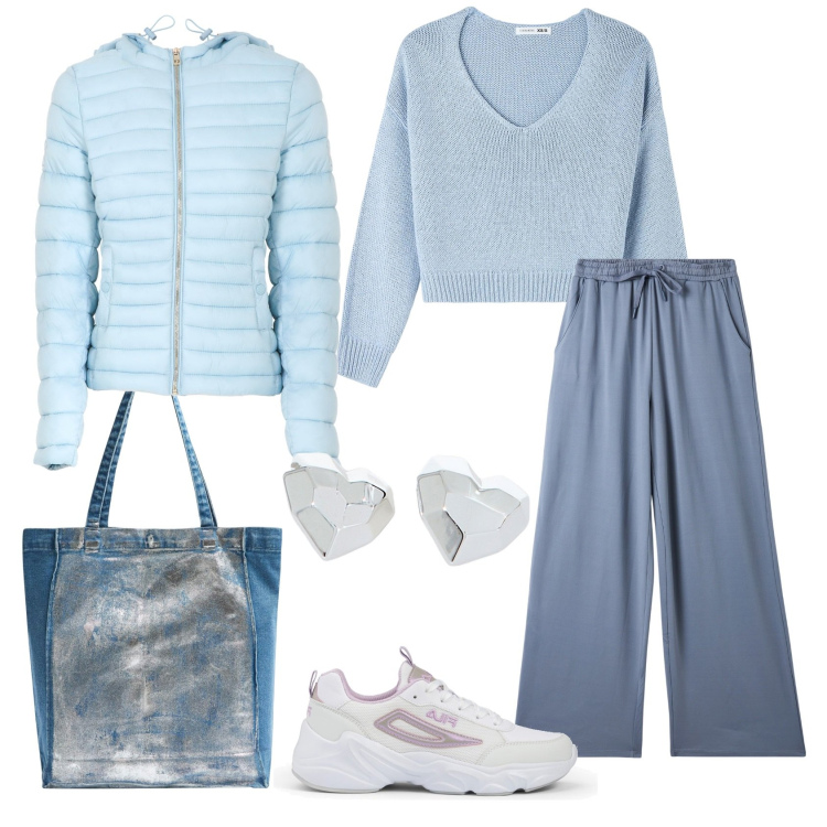 Outfit donna - Sfumature di azzurro. Stile Casual per Tutti i giorni. Abbinamento con pantaloni, maglieria, shopping bag, piumini, orecchini, sneakers.
