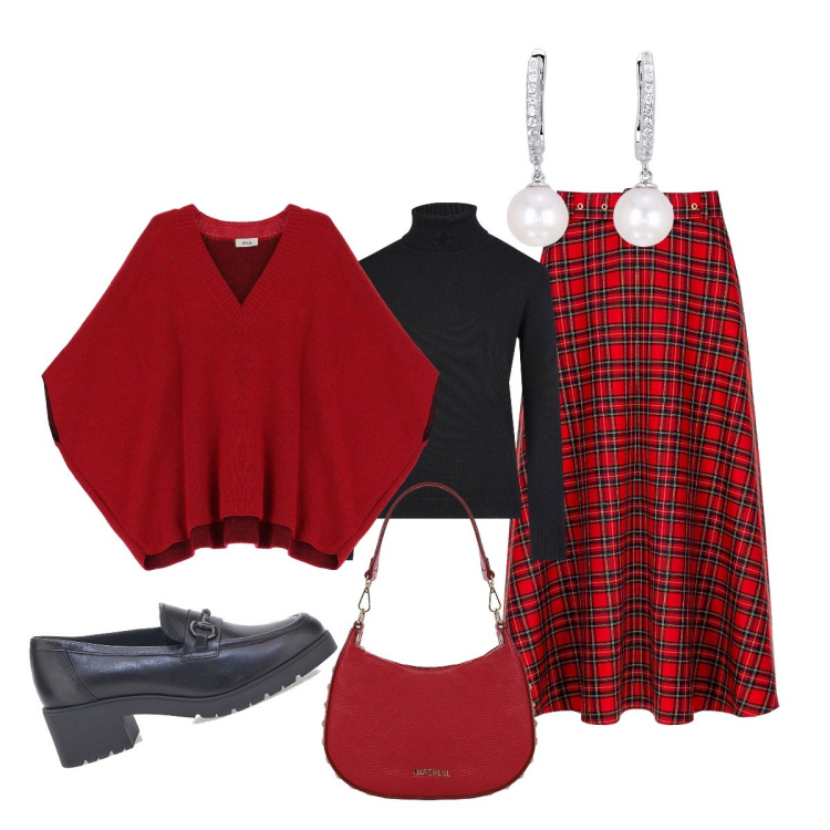 Outfit donna - Classico: gonna scozzese e mocassini. Stile Bon Ton per Tutti i giorni. Abbinamento con orecchini, gonne longuette, borse a spalla, cappotti, mocassini, maglieria.