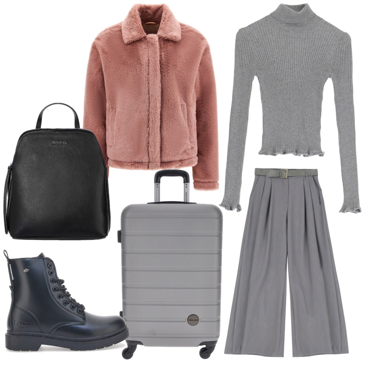 Outfit donna - In partenza. Stile Casual chic per Tutti i giorni. Abbinamento con pantaloni, maglieria, zaini, cappotti, anfibi, valigie.