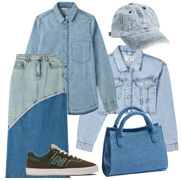 Outfit donna - In denim. Stile Trendy per Tutti i giorni. Abbinamento con gonne lunghe, borse a tracolla, cappelli con visiera, camicie, blazer, sneakers.