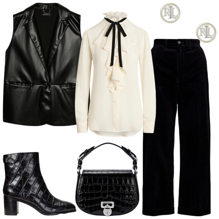 Outfit donna - Pantaloni in velluto a coste!. Stile Casual chic per Serata fuori. Abbinamento con orecchini, camicie, borse a tracolla, pantaloni, stivaletti, gilet.