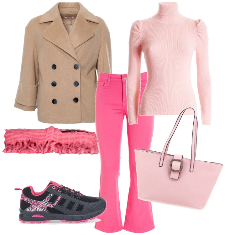 Outfit donna - Cammello sul rosa. Stile Sporty chic per Tutti i giorni. Abbinamento con cappotti, maglieria, jeans, borse a spalla, sciarpe, stivaletti.