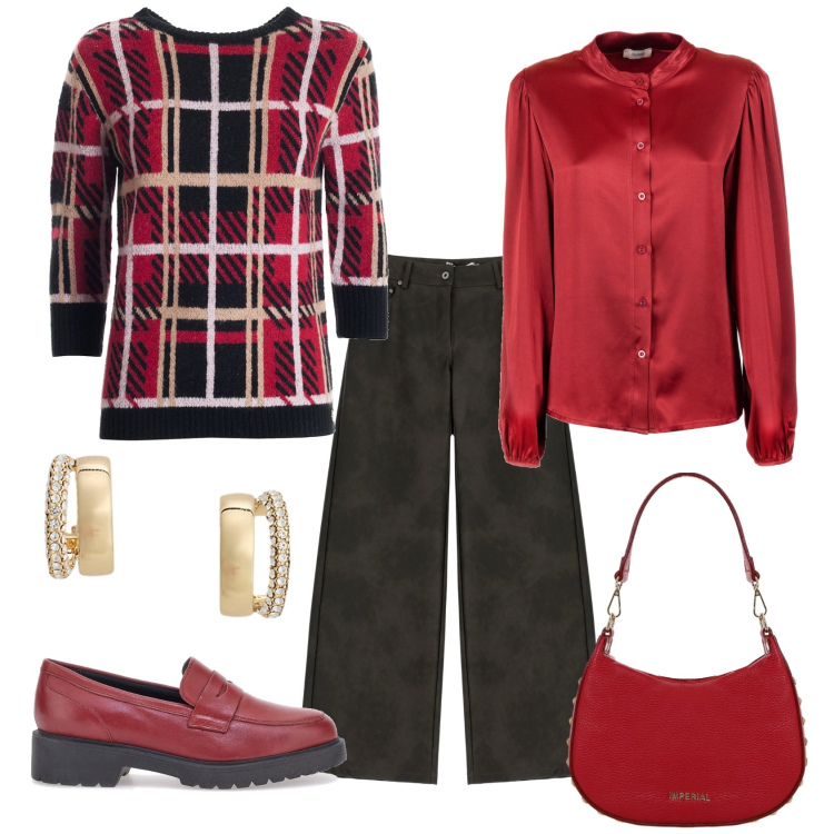 Outfit donna - Lineare. Stile Casual chic per Ufficio. Abbinamento con pantaloni, maglieria, camicie, borse a spalla, orecchini, mocassini.