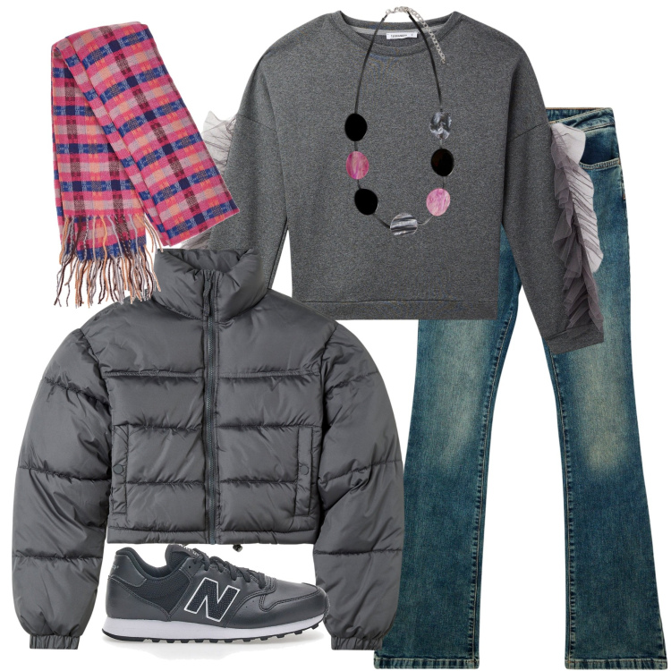 Outfit donna - Bantoa. Stile Casual per Scuola/Università. Abbinamento con jeans bootcut, blazer, felpe, sciarpe, collane, sneakers.