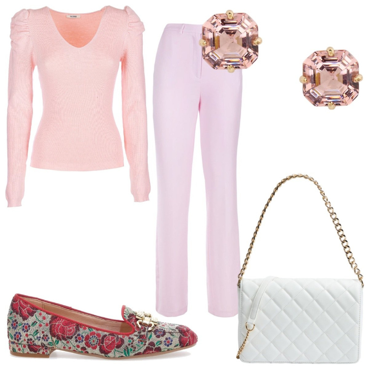 Outfit donna - Mocassini chic. Stile Chic per Tutti i giorni. Abbinamento con borse a tracolla, maglieria, pantaloni a palazzo, orecchini, mocassini.