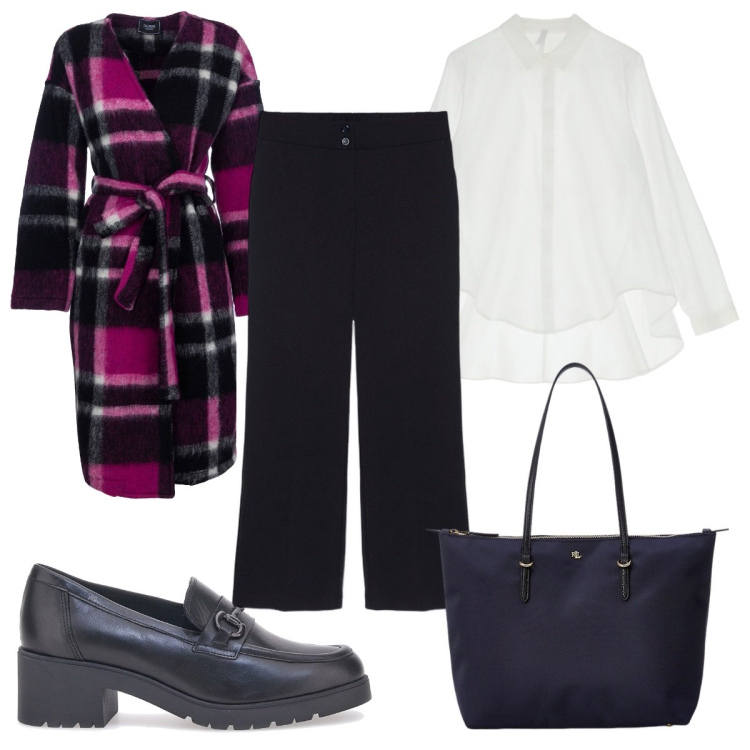 Outfit donna - Mocassini mannish. Stile Trendy per Ufficio. Abbinamento con cappotti, camicie, borse tote, mocassini, pantaloni.