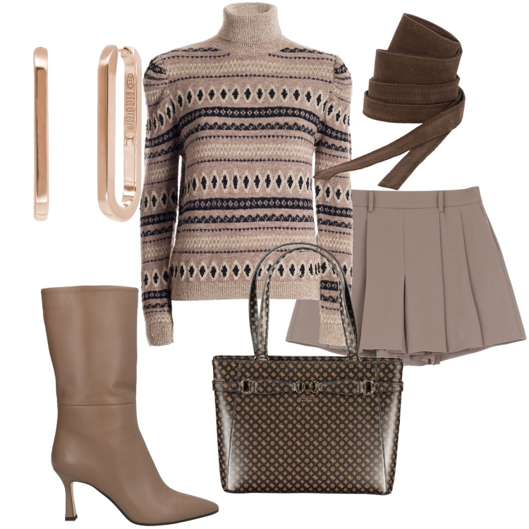 Outfit donna - Sfumature di marrone. Stile Casual per Ufficio. Abbinamento con stivali, orecchini, maglieria, gonne, cinture, borse a spalla.