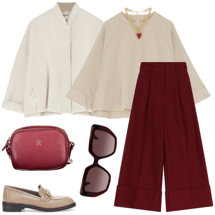 Outfit donna - Pomeriggio in città. Stile Casual chic per Tutti i giorni. Abbinamento con pantaloni, felpe, bomber, mocassini, borse a tracolla, occhiali da sole.