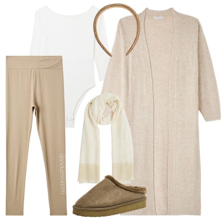 Outfit donna - Comfy style. Stile Minimal per Tutti i giorni. Abbinamento con cerchietti, body, pantaloni sportivi, cardigans, sabot, sciarpe.