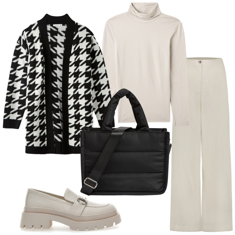 Outfit donna - Il cardigan oversize. Stile Bon Ton per Ufficio. Abbinamento con shopping bag, maglieria, cardigans, mocassini, pantaloni.
