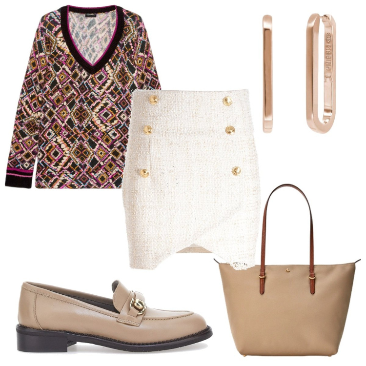 Outfit donna - I mocassini glamour. Stile Glamour per Tutti i giorni. Abbinamento con orecchini, gonne, borse tote, mocassini, maglieria.