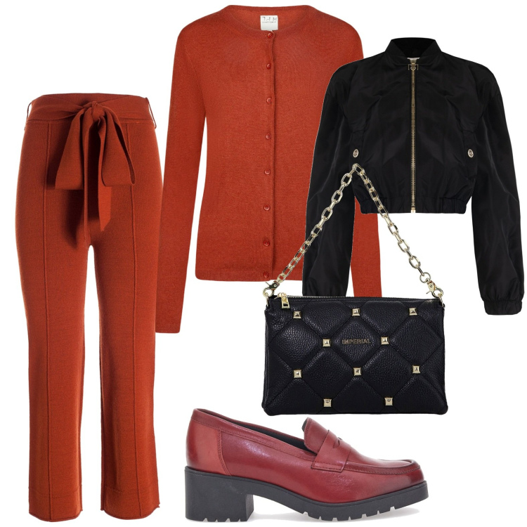Outfit donna - Rosso mattone. Stile Casual per Ufficio. Abbinamento con bomber, pantaloni, borse a spalla, mocassini, cardigans.