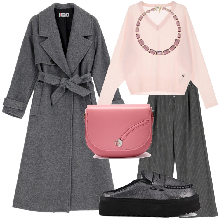 Outfit donna - Mocassini metallici. Stile Chic per Serata fuori. Abbinamento con trench, pullovers, pantaloni, collane, mocassini, borse a tracolla.