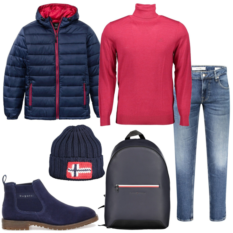 Outfit uomo - Un caldo abbraccio. Stile Urban per Tutti i giorni. Abbinamento con giacche, stivali e stivaletti, maglieria, borse sportive, jeans skinny, berretti.