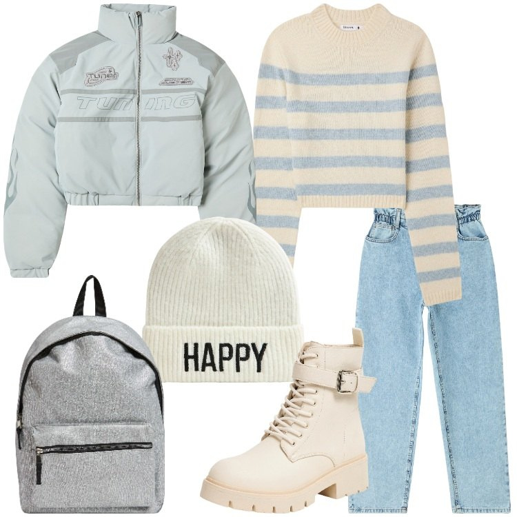 Outfit donna - Terranova - Black Friday. Stile Casual per Scuola/Università. Abbinamento con blazer, maglieria, jeans, anfibi, zaini, berretti.