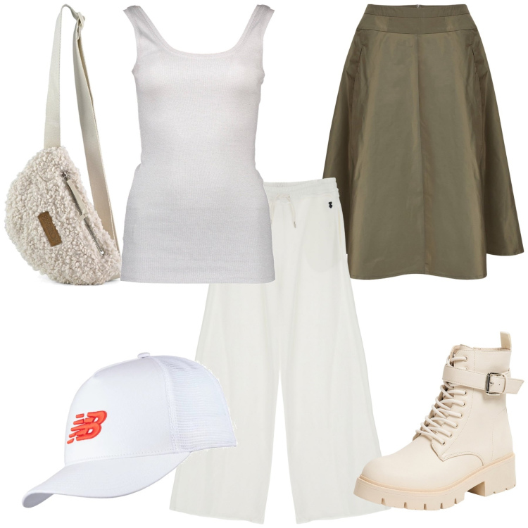 Outfit donna - Easy look. Stile Basic per Tutti i giorni. Abbinamento con anfibi, cappelli con visiera, pantaloni a palazzo, gonne, marsupi, top.