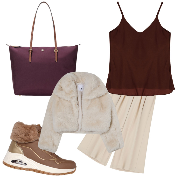 Outfit donna - Calda e chic. Stile Trendy per Tutti i giorni. Abbinamento con blazer, pantaloni, canottiere, borse tote, stivaletti.
